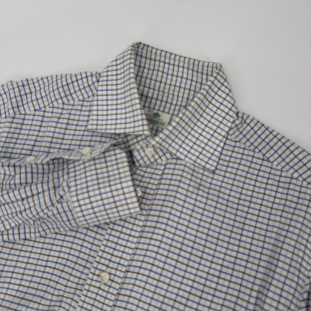 Borrelli Napoli Mens Dress Shirt 15.5 39 Blue Brown Check Cotton Made in Italy